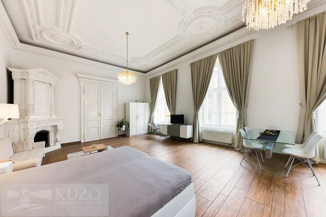 Ložnice; krb, vysoké stropy, přirozené světlo, moderní styl