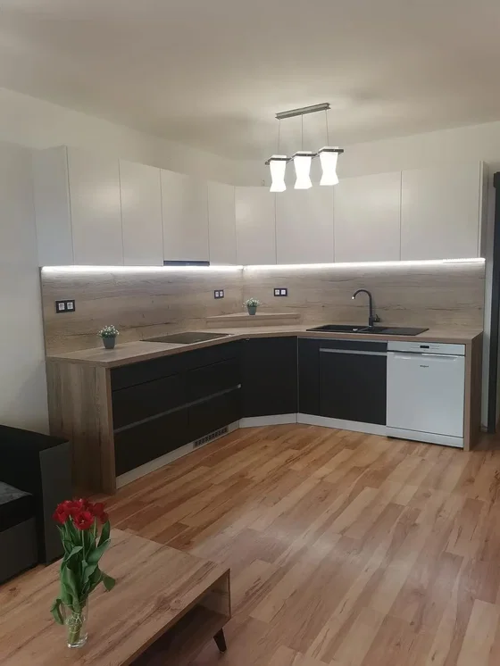 Cuisine; électroménager, parquet, lumière naturelle, style moderne