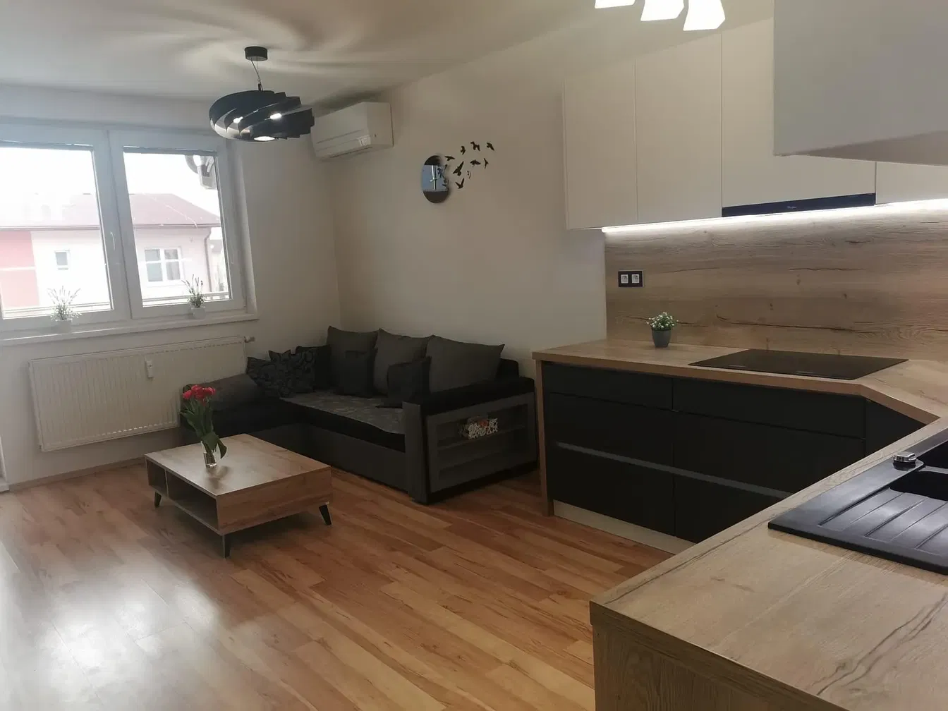 Cuisine; électroménager, parquet, lumière naturelle, style moderne