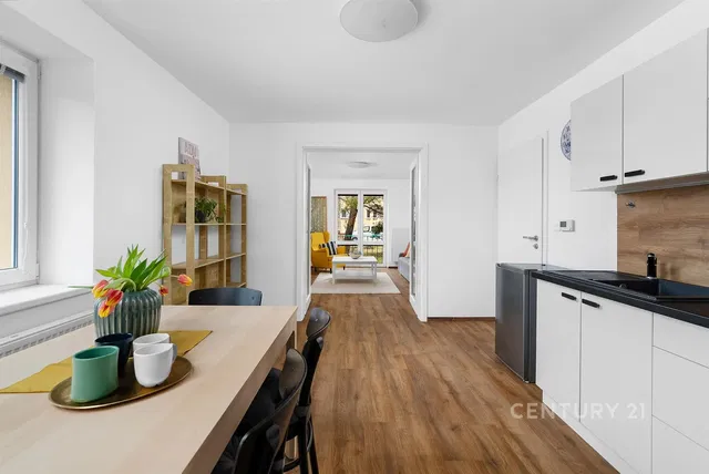 Kitchen; kitchen appliances, wood floor, natural light, modern style