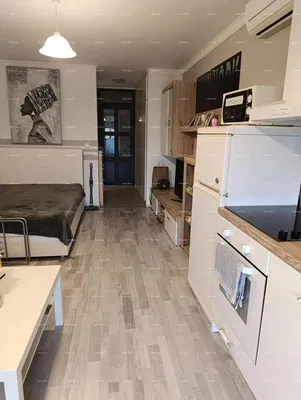 Kuchyně; kuchyňské spotřebiče, dřevěná podlaha, přirozené světlo, moderní styl