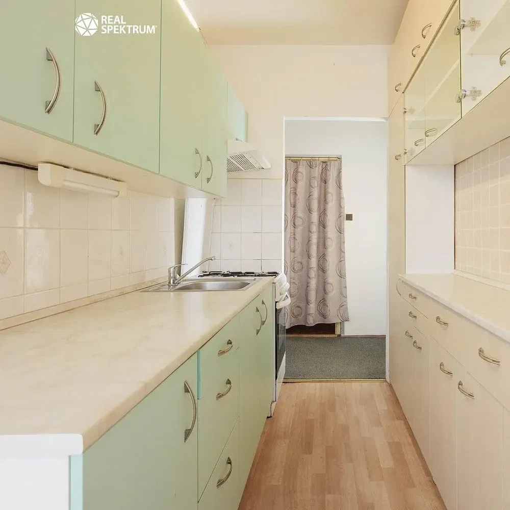 Kuchyně; kuchyňské spotřebiče, dřevěná podlaha, přirozené světlo, moderní styl