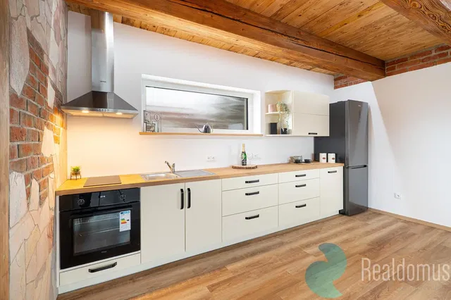 Kitchen; kitchen appliances, wood floor, natural light, modern style