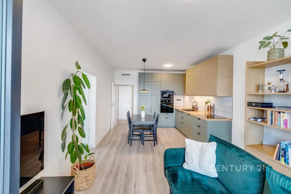 Кухня; кухненски уреди, дървен под, естествена светлина, модерен стил