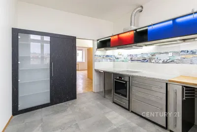 Kitchen; kitchen appliances, wood floor, natural light, modern style