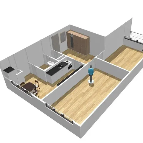 Kitchen; kitchen appliances, wood floor, natural light, modern style