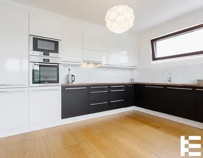 Cozinha; eletrodomésticos, chão de madeira, luz natural, estilo moderno