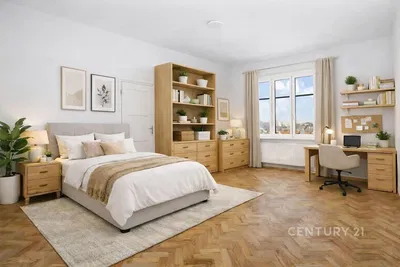 Kitchen; kitchen appliances, wood floor, natural light, modern style