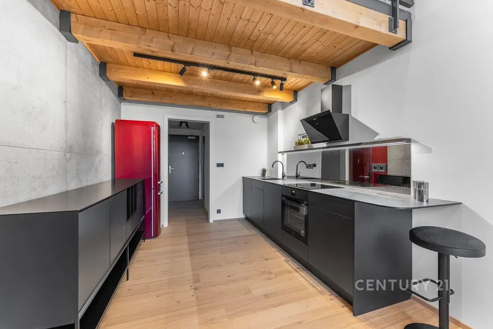 Kuchyně; kuchyňské spotřebiče, dřevěné trámy, dřevěná podlaha, po rekonstrukci, přirozené světlo, moderní styl