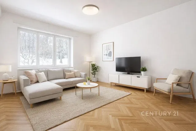 Oturma odası; manzara, ahşap zemin, doğal ışık, modern stil