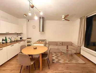 Oturma odası; mutfak aletleri, ahşap zemin, doğal ışık, modern stil