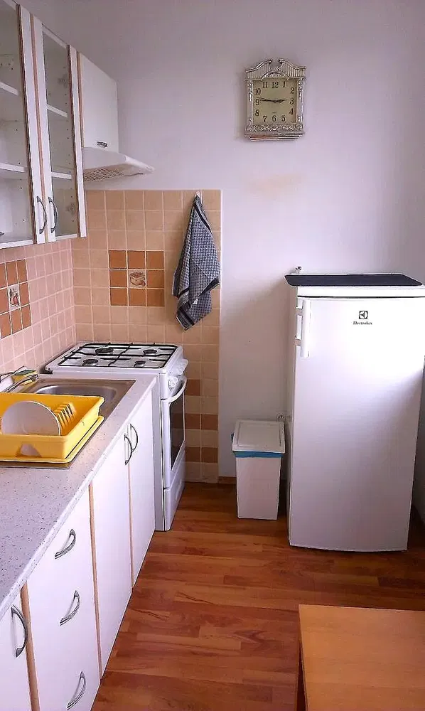 Mutfak; ahşap zemin, fayans zemin, mutfak aletleri