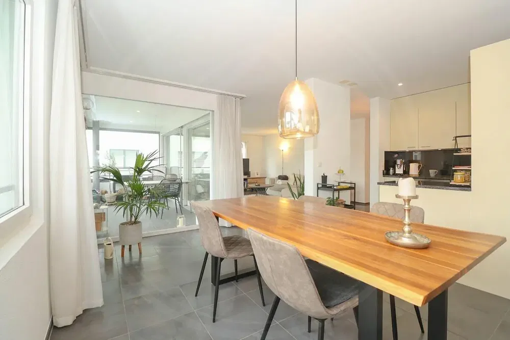 Living room; natural light, tile floor, modern style