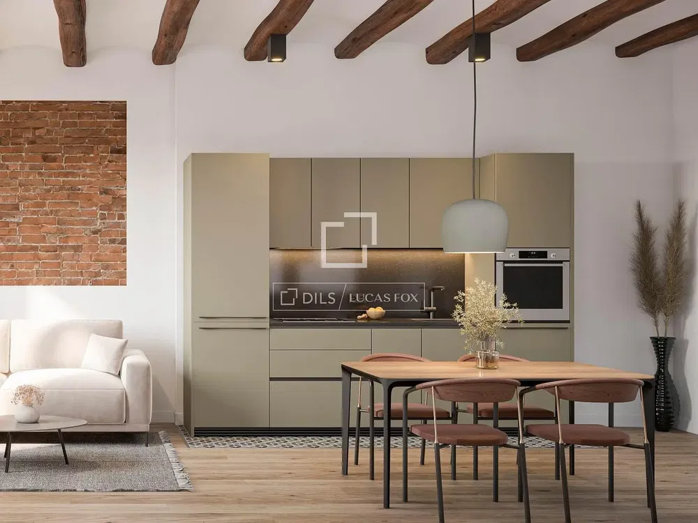 Cocina; vigas de madera, suelo de madera, estilo moderno, luz natural