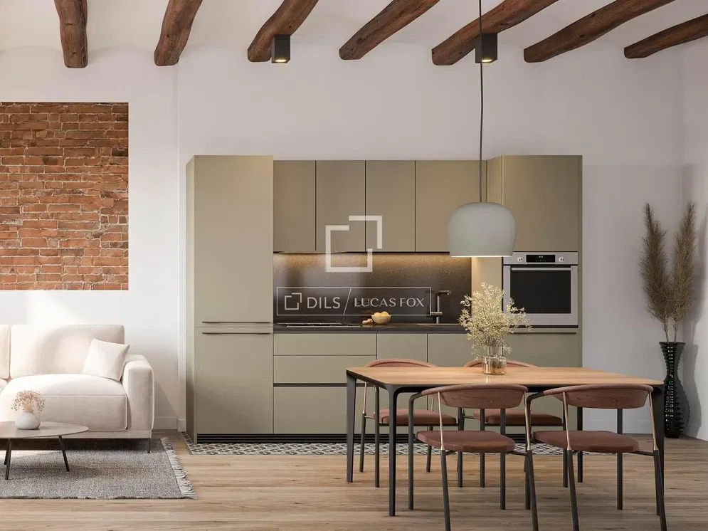 Cocina; vigas de madera, suelo de madera, estilo moderno, luz natural