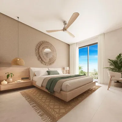 Ložnice; přirozené světlo, moderní styl, dlažba, výhled