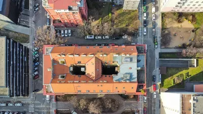 House and surroundings; view