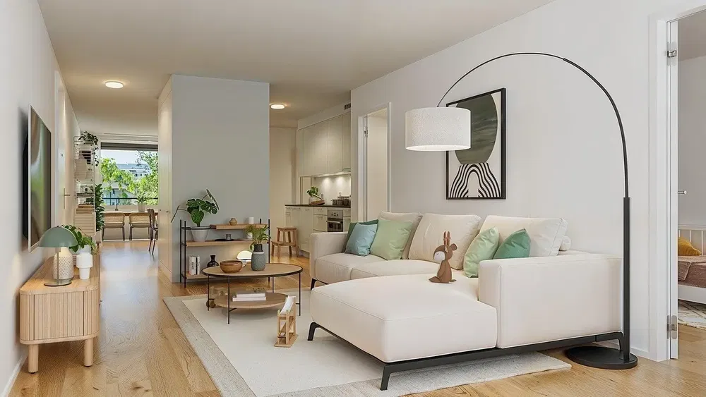 Wohnzimmer; tageslicht, holzboden, moderner stil