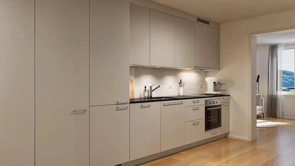 Küche; küchengeräte, blick, holzboden, tageslicht, moderner stil, renoviert