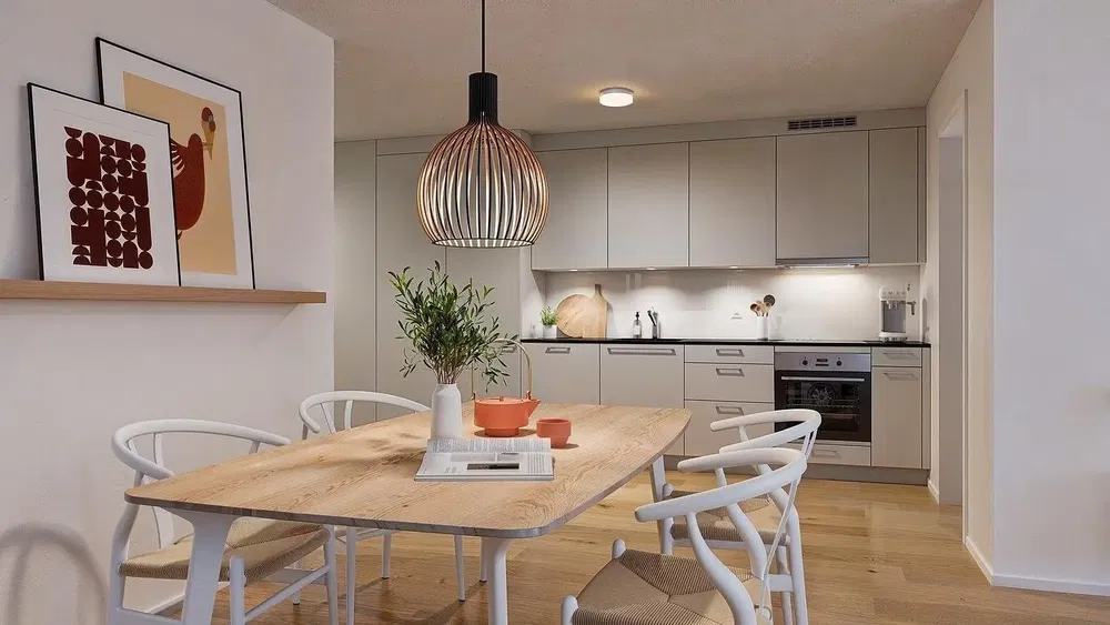 Küche; küchengeräte, tageslicht, moderner stil, holzboden