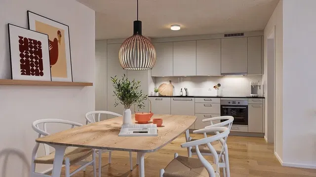 Küche; küchengeräte, tageslicht, moderner stil, holzboden