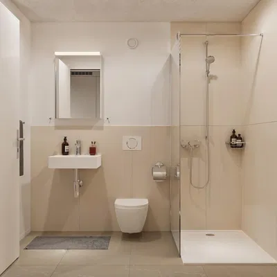 Badezimmer; fliesenboden, tageslicht, moderner stil