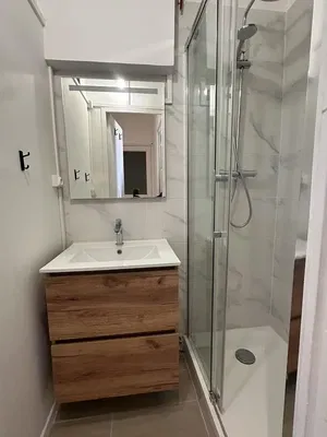 Koupelna; po rekonstrukci, přirozené světlo, dlažba, moderní styl