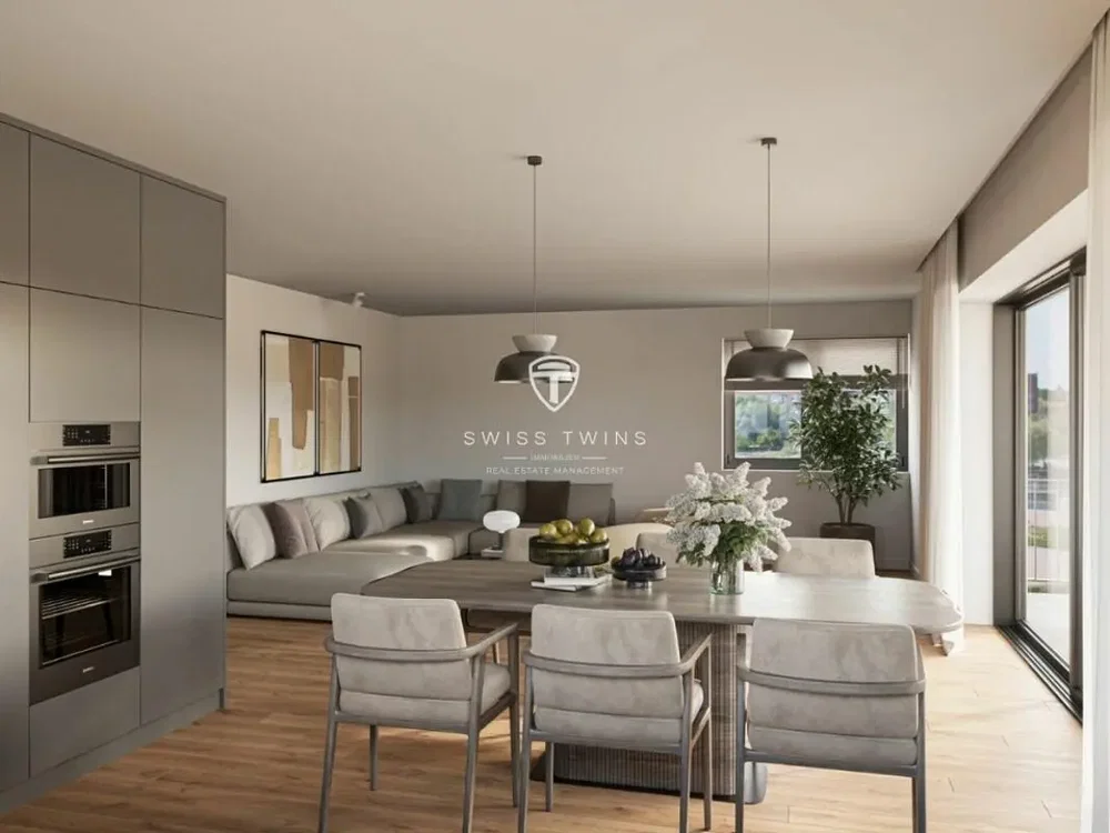 Oturma odası; mutfak aletleri, doğal ışık, modern stil, ahşap zemin