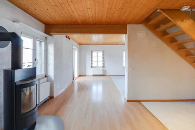 Salon; cheminée, parquet, poutres en bois, lumière naturelle