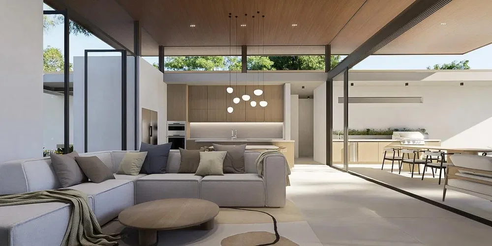 Woonkamer; uitzicht, natuurlijk licht, moderne stijl