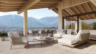 Terrasse; vue, poutres en bois, lumière naturelle, style moderne