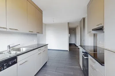 Kitchen; kitchen appliances, tile floor, natural light, modern style, renovated