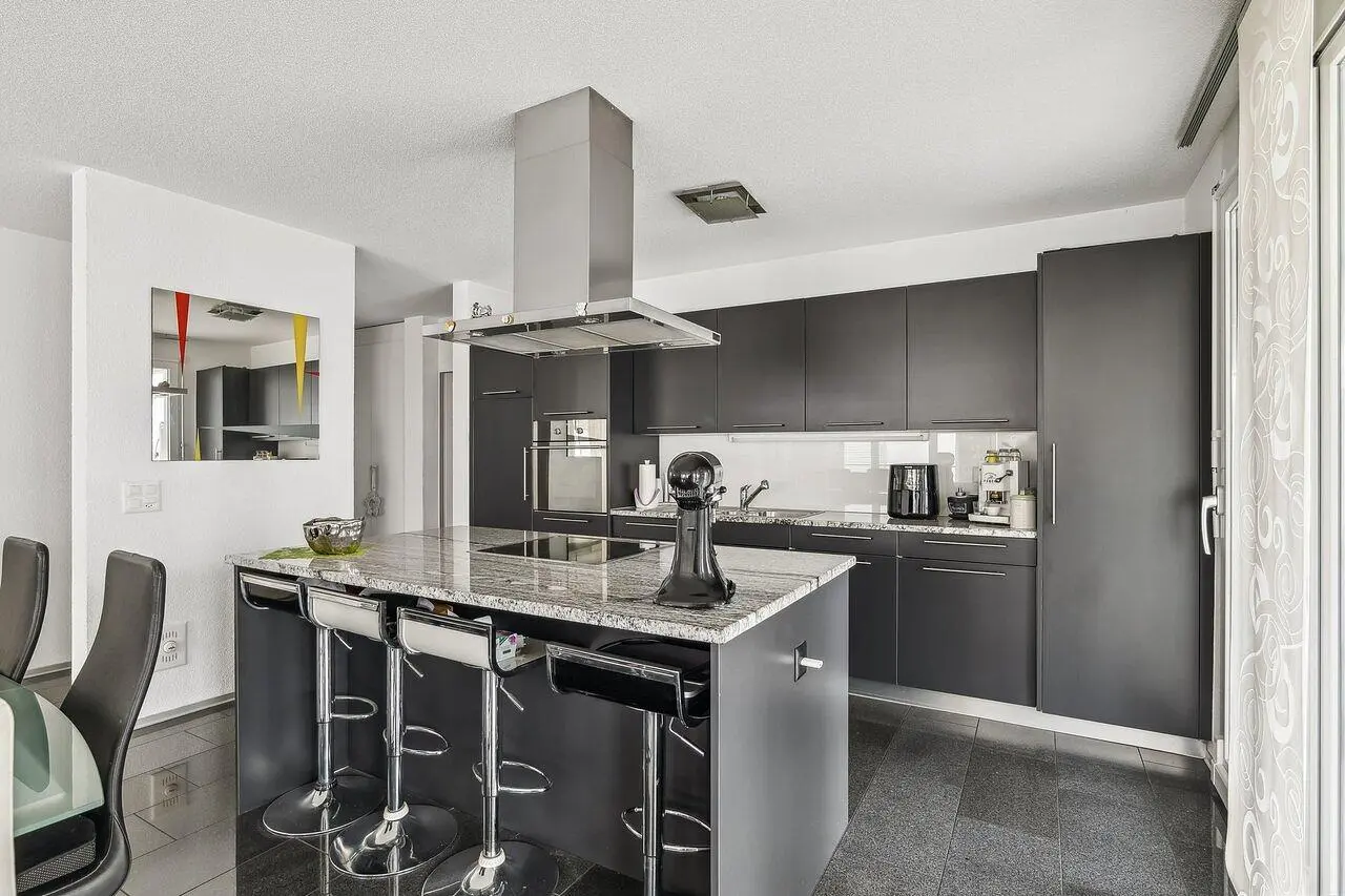 Cuisine; électroménager, carrelage, lumière naturelle, style moderne