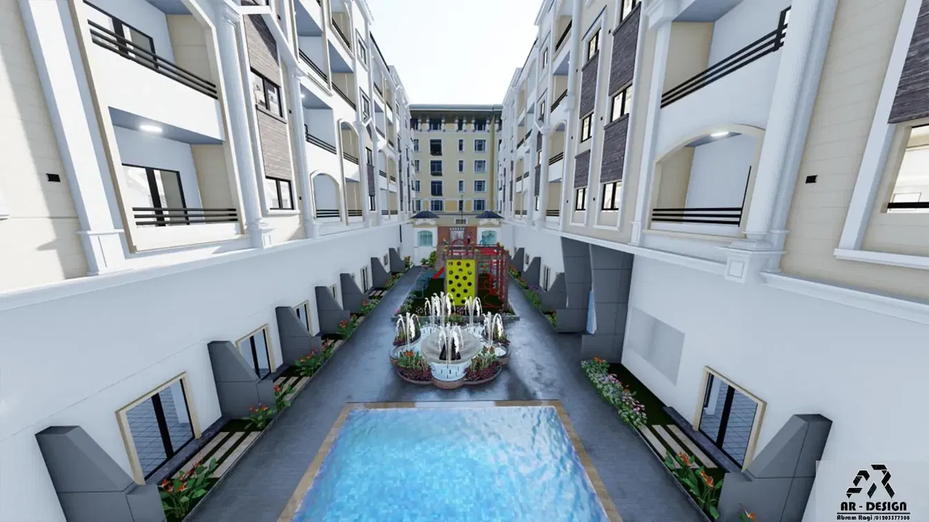 House and surroundings; view