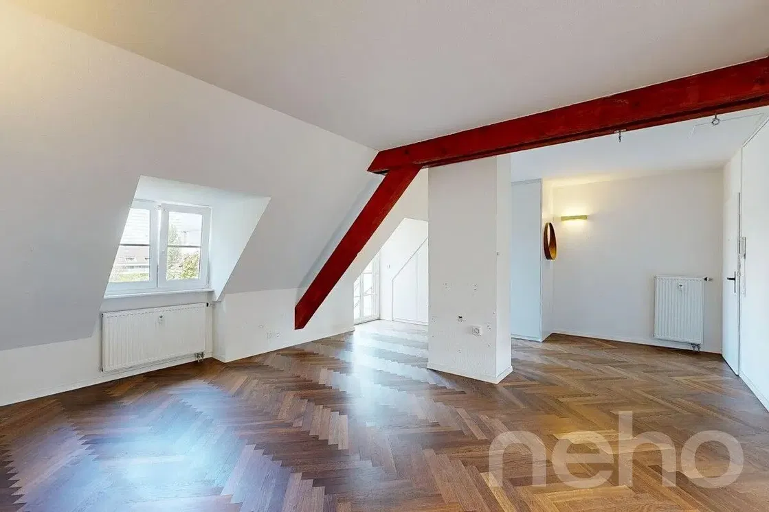 Kids room; wood floor, natural light, wood beams