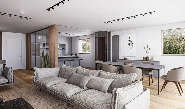 Woonkamer; natuurlijk licht, moderne stijl, houten vloer