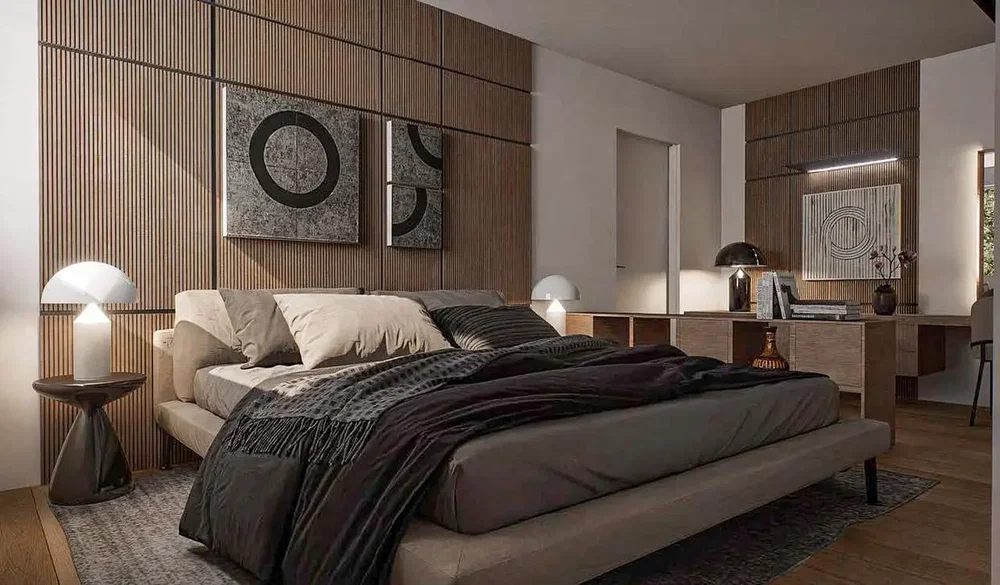 Yatak odası; modern stil, ahşap zemin, doğal ışık