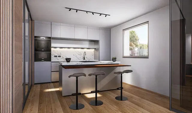 Keuken; keukenapparatuur, natuurlijk licht, houten vloer, moderne stijl