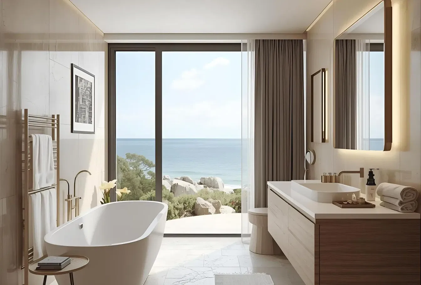 Salle de bain; vue, lumière naturelle, style moderne, carrelage