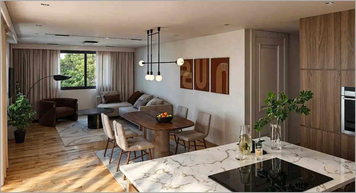 Wohnzimmer; blick, küchengeräte, tageslicht, moderner stil, holzboden