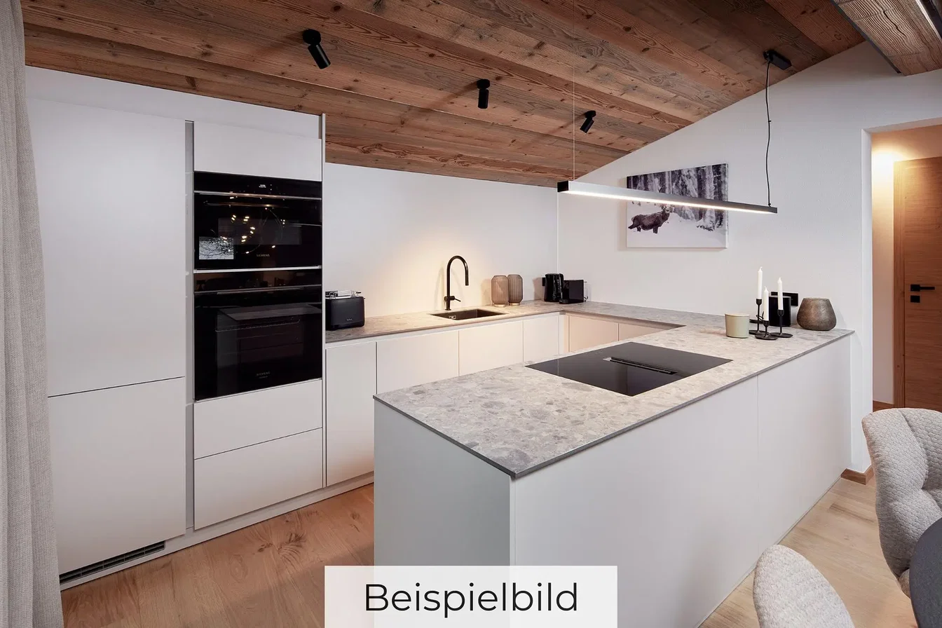 Kitchen; kitchen appliances, wood beams, modern style