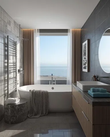 Bagno; vista, pavimento in piastrelle, luce naturale, stile moderno