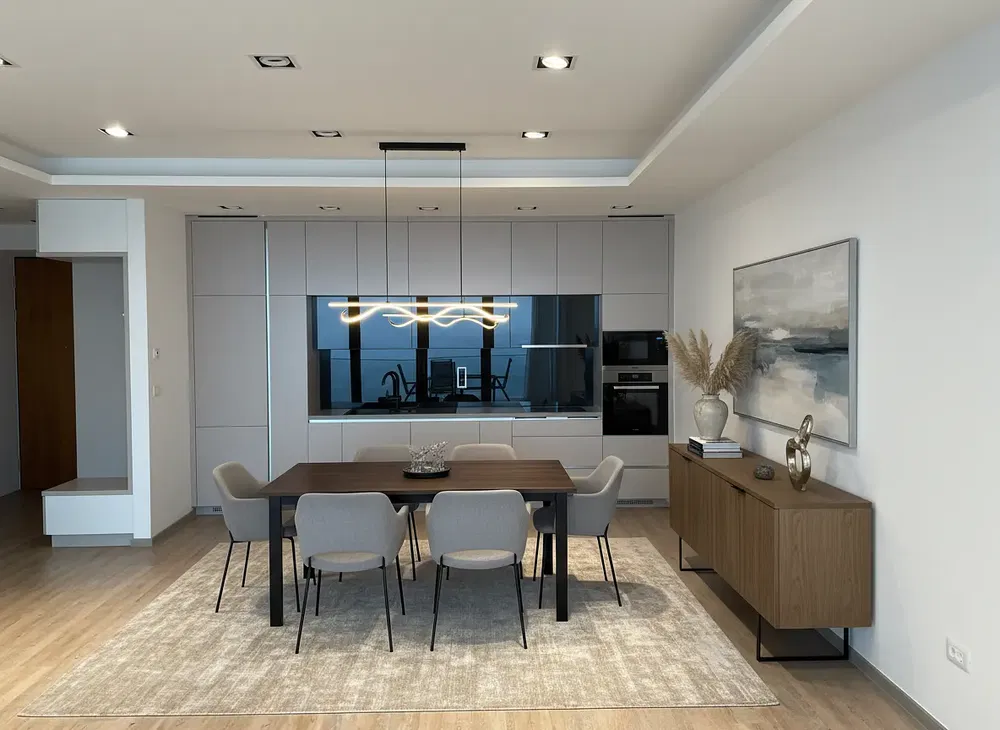 Kitchen; kitchen appliances, modern style, wood floor, natural light