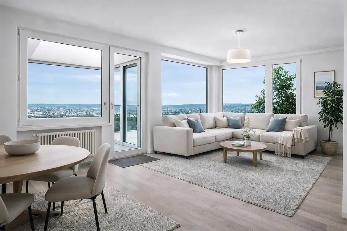 Obývací pokoj; výhled, přirozené světlo, moderní styl