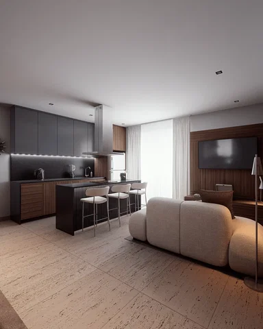 Wohnzimmer; küchengeräte, tageslicht, moderner stil, fliesenboden