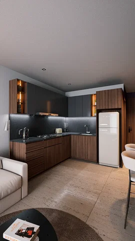 Küche; küchengeräte, fliesenboden, tageslicht, moderner stil