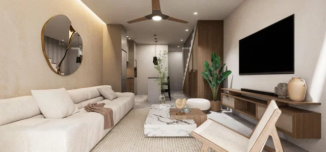 Wohnzimmer; tageslicht, moderner stil, holzboden