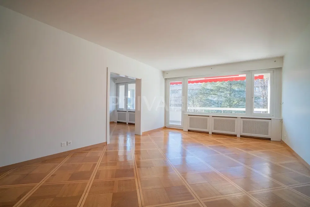 Salon; parquet, lumière naturelle, vue
