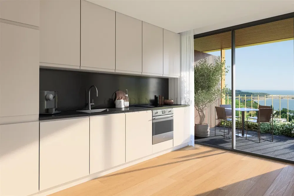 Cuisine; vue, électroménager, lumière naturelle, style moderne, parquet