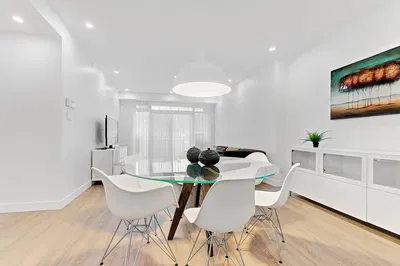 Living room; modern style, wood floor, natural light, renovated